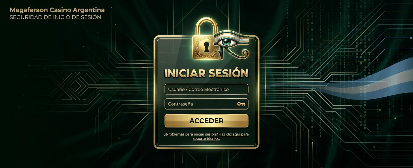 Proceso seguro para iniciar sesión en Megafaraon Casino con pantalla de acceso protegida y candado dorado.