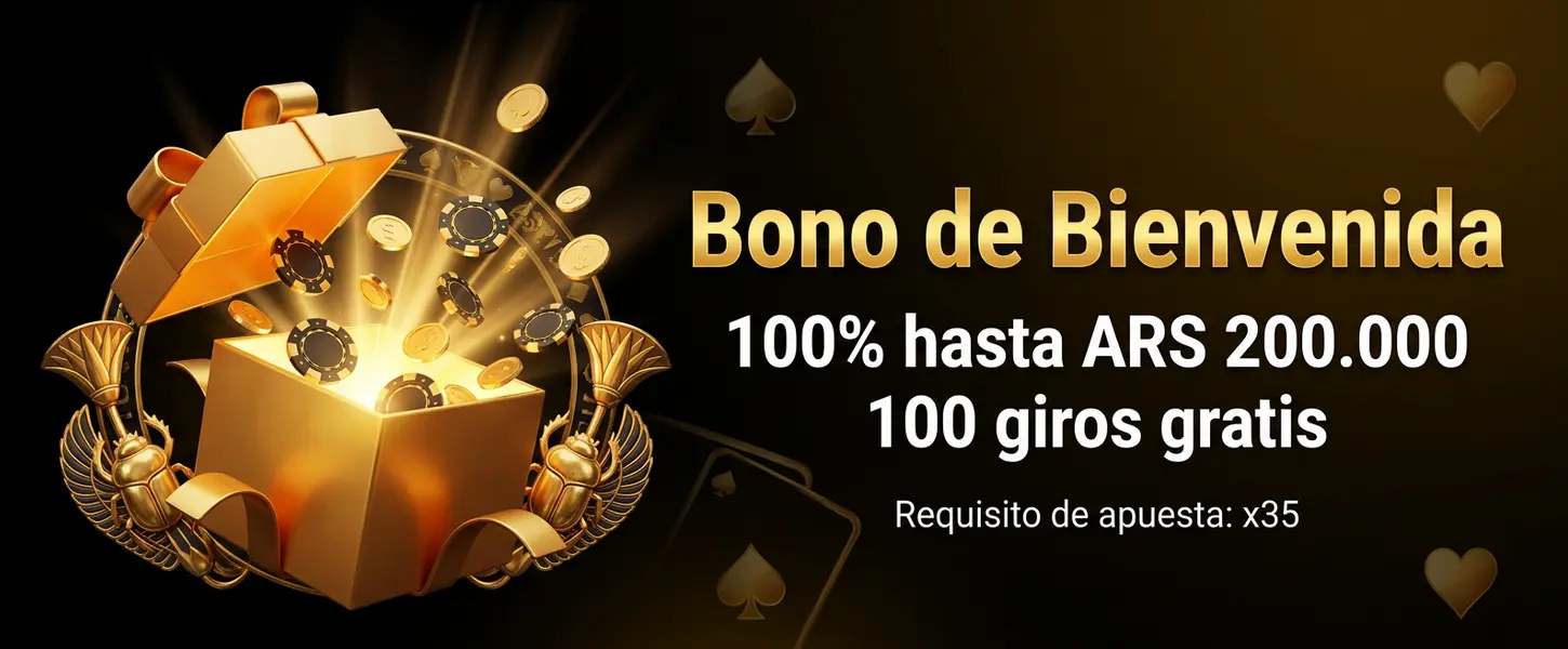 Bono de bienvenida Megafaraon Casino — 100% hasta ARS 200.000 y 100 giros gratis