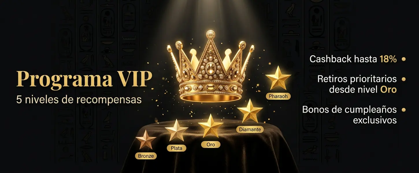 Programa VIP Megafaraon Casino — 5 niveles, cashback hasta 18% y retiros prioritarios
